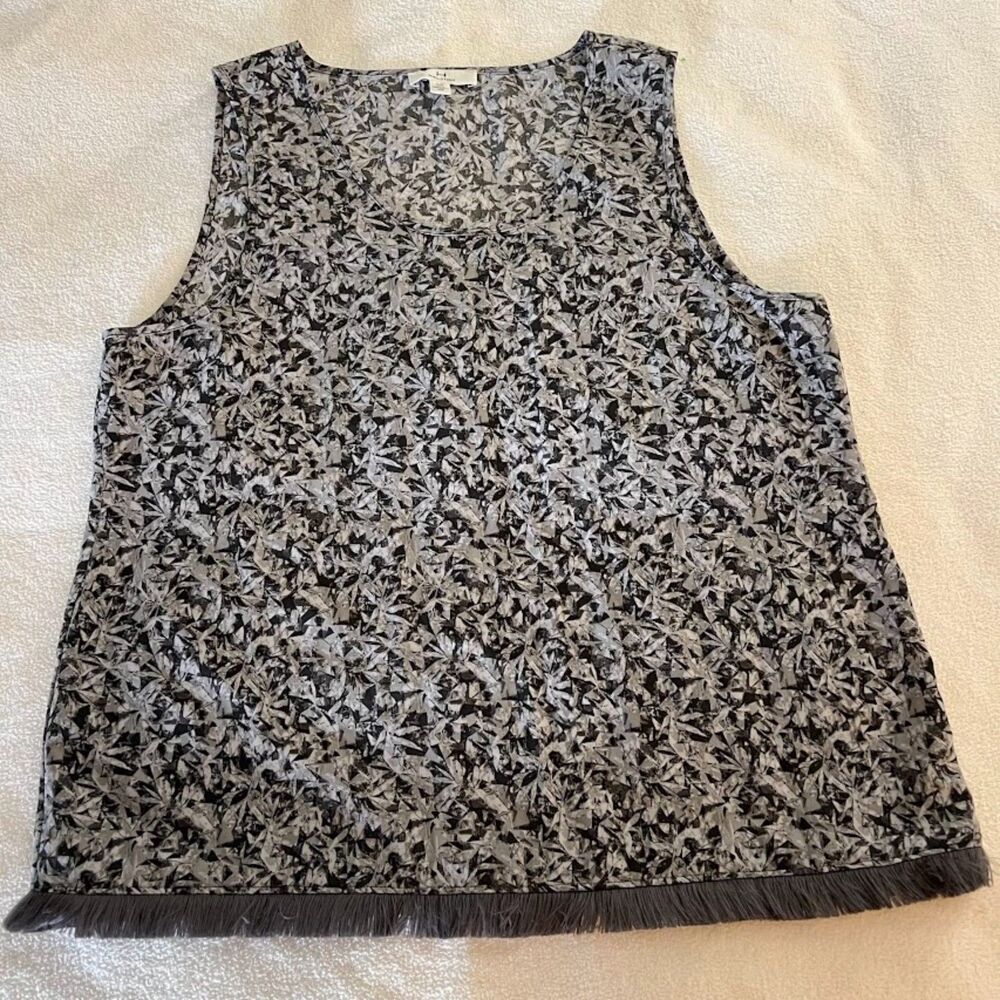 H by Halston Eyelash Fringe Gray Geometric Tank Top, Size L